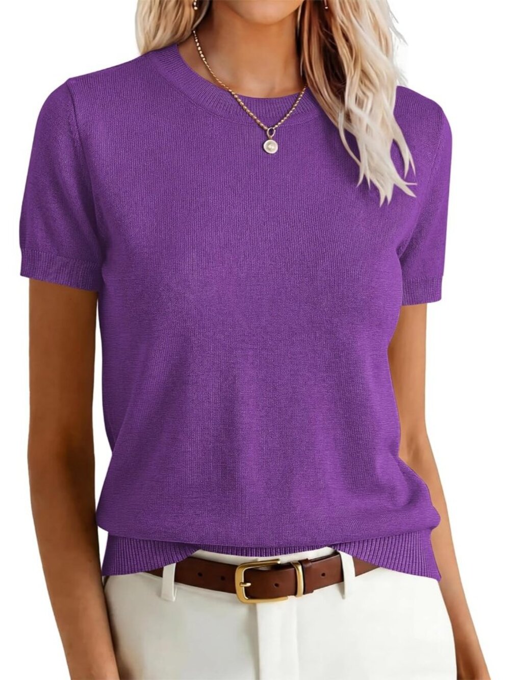 Women's Deep Purple Wool Blend Crew Neck Short Sleeve Casual Pull On Sweater